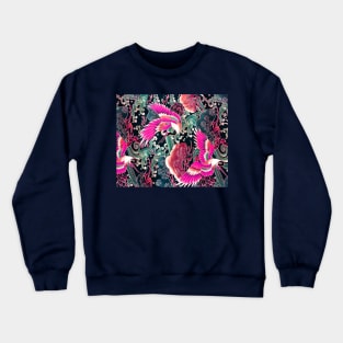 PINK FUCHSIA FLYING CRANES ,FLOWERS, SEA WAVES BLUE GREEN FLORAL Crewneck Sweatshirt